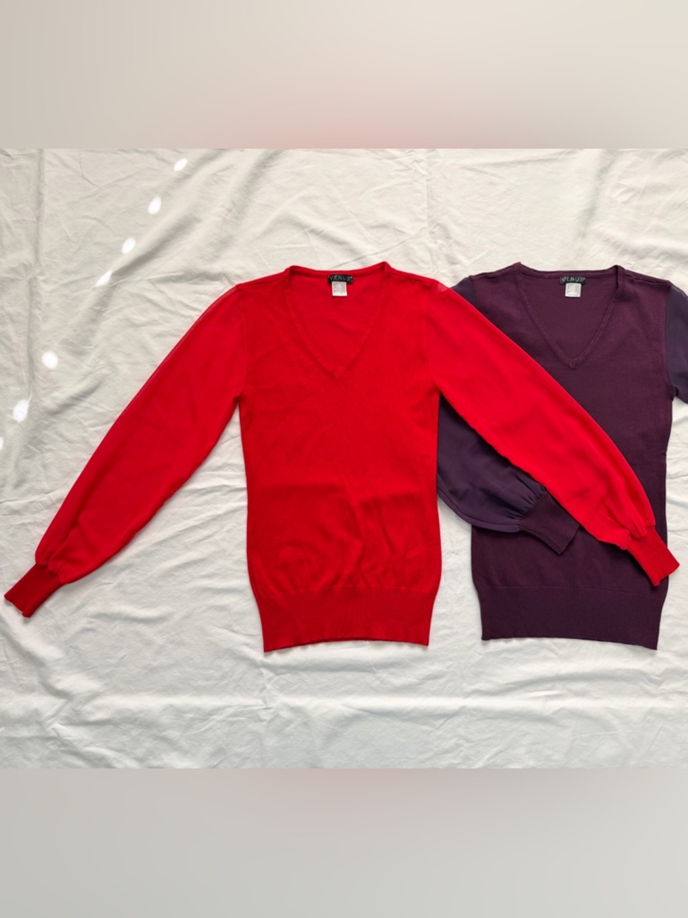 VENUS Bundle | 2 Sheer Sleeve Stretch Knit V-Neck Sweaters | Red & Purple | XS - Picture 4 of 16